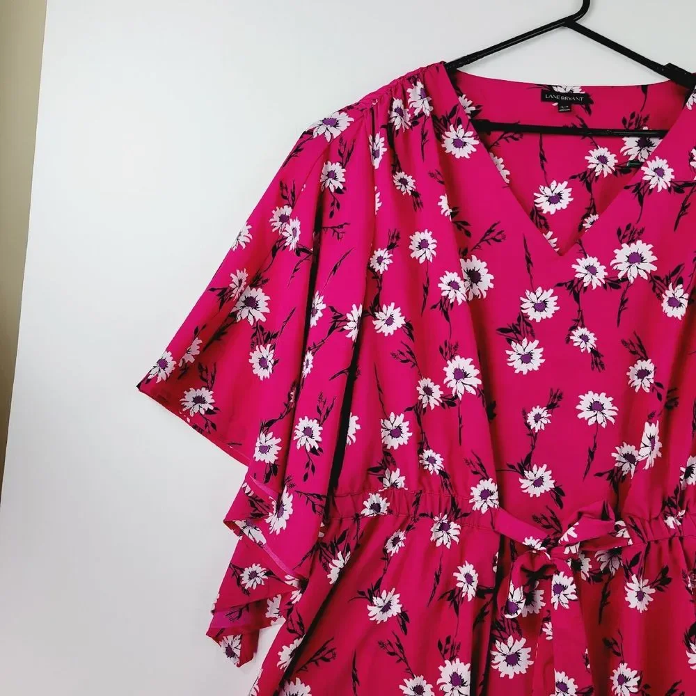 Lane Bryant Blouse Women 26/28 Pink Floral Print Bat Flared Sleeve Kimono Belted - Picture 2 of 14